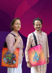 Designer Waterproof PU Tote Bag with Mural Art | 14×14 Inch | 10 Packs