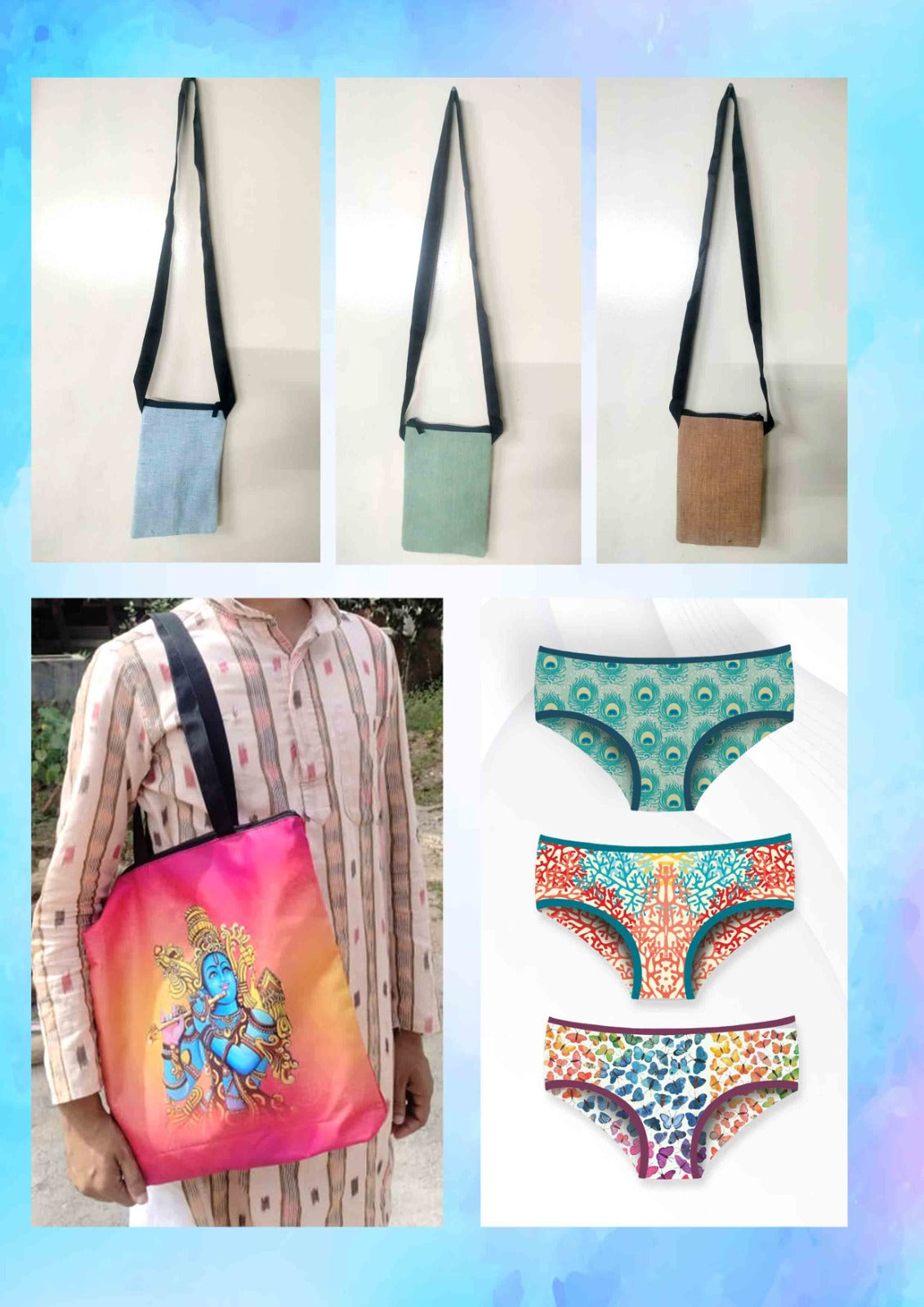 Handcrafted Essentials Combo: Khadi Sling Bags (Set of 3) + Mural Art Tote Bag + Printed Panty Pack (3 pcs)